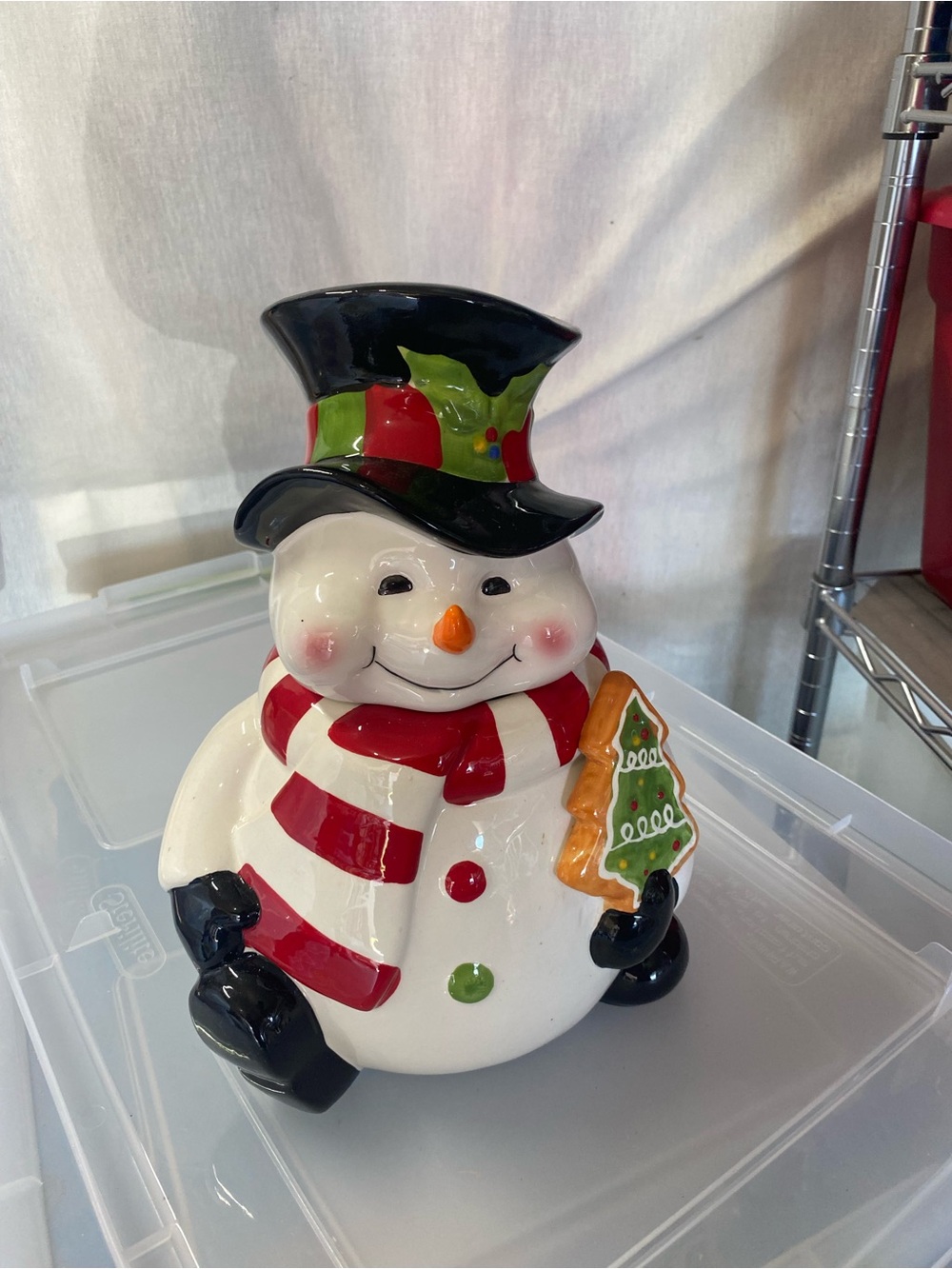 Hobby Lobby Ceramic Snowman Cookie Jar in White, Red, Black and Green
